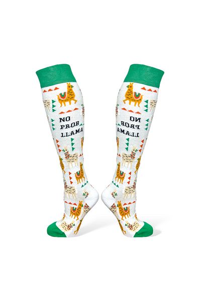 Mevo White Lama Patterned Flexible Cotton Unisex Knee Socks