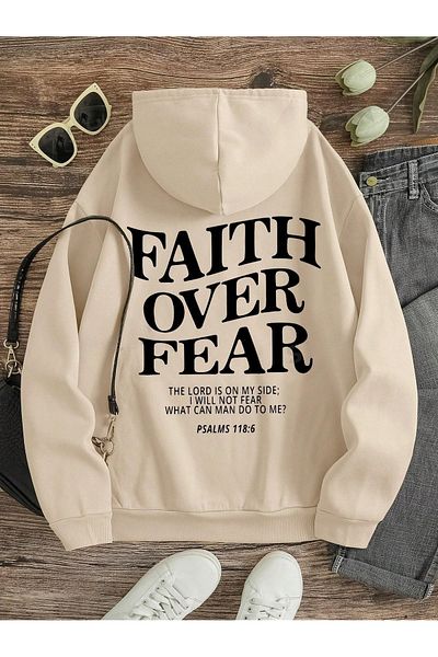PALPİTO Μπεζ Faith Over Printed Unisex Hoodie με κουκούλα - 3 νήματα