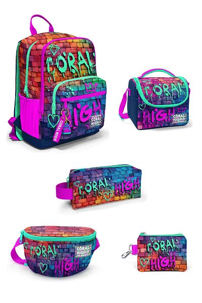 Coral High Set de 5 genți de școală cu graffiti roz bleumarin 5SET23629