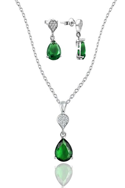 jelux silver Gümüş 925 Ayar Zümrüt Zirkon Taşlı Pırlanta Montür Damla İkili Set