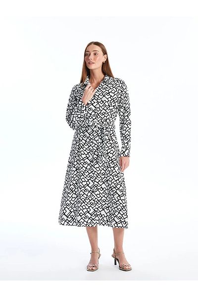 LC Waikiki lCWAIKIKI - Women's Black Printed Shirt Dress, lonG Sleeve