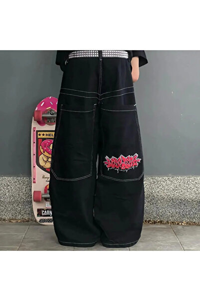 alhemengelir Kırmızı Graffiti Baskılı Ters Dikiş Wide Leg Oversize Pantolon