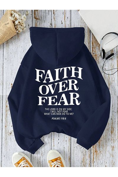 PALPİTO Унисекс суитшърт с качулка и щампа Faith в тъмносин цвят - 3 прежди
