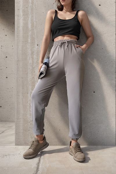 LoomTex Ψηλόμεση Γυναικεία Φούτερ Jogger - Γκρι, Ελαστικό πόδι