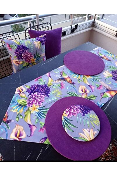 Alchome Tekstil Mor Kuş Desenli Runner Ve 6'li Amerikan Servis Supla