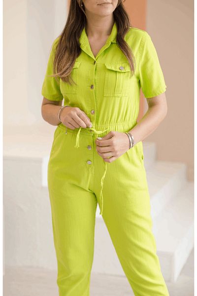devesta Neon Green Color Gabardine Fabric Jumpsuit-M