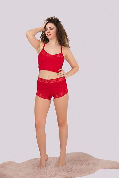 MyBen Red Colored Lace Detailed Women's Pajama Set with Strappy Shorts 345