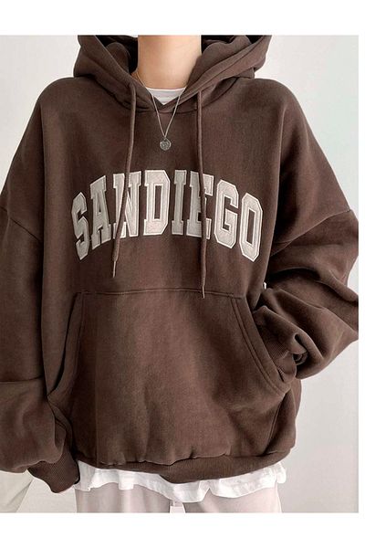 Benisengiydir Brown Oversize Hooded Sandiego Printed Women's Sweatshirt