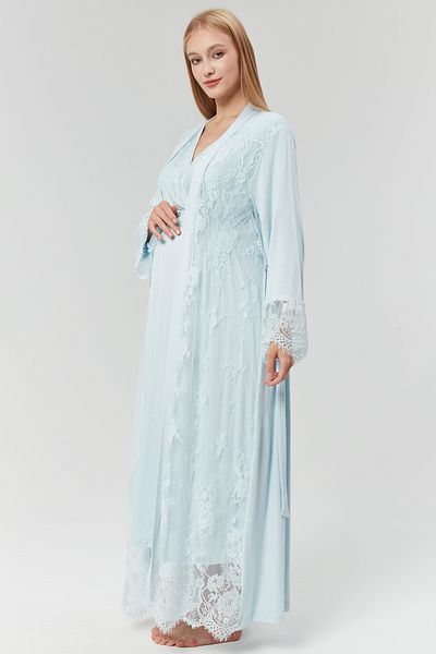 CT MODA Set de vară pentru femei din dantelă albastră - 100% bumbac, design special, cămașă de noapte pentru maternitate și maternitate
