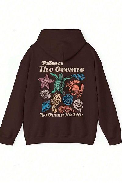 Benisengiydir Brown Oversize Hooded Sweatshirt - Protect The Oceans Printed
