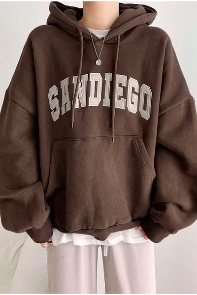 Benisengiydir Brown Oversize Hooded Sandiego Printed Women's Sweatshirt