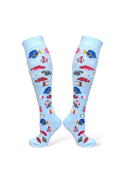 Mevo Flexible and Moisturizing Unisex knee Socks with Blue Fish Pattern