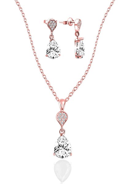 jelux silver 925 Ayar Gümüş  Zirkon Taşlı Pırlanta Montür Damla  Rose İkili Set