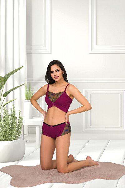 MyBen Purple Colored Strappy Tulle Women's Pajama Set with Shorts 396