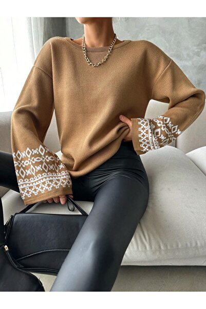 citystyle Πλεκτό πουλόβερ CAMEL Color Oversize Jacquard με σχέδιο Crew Neck