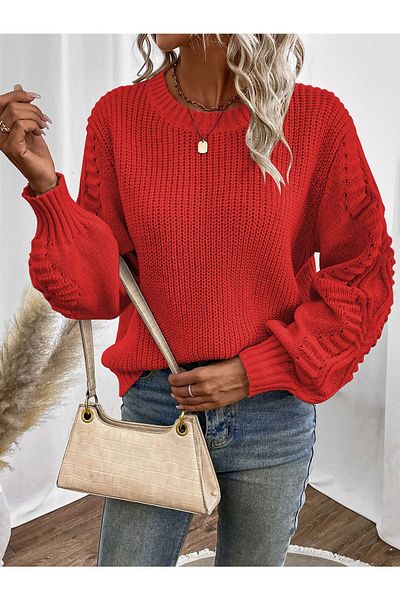 TRQOM Red Thessaloniki Knitted Crew Neck Sweater - Sleeve Motif