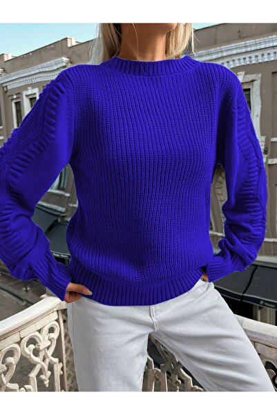 TRQOM Pulover tricotat Saks Blue Selanik - Decolteu și mâneci