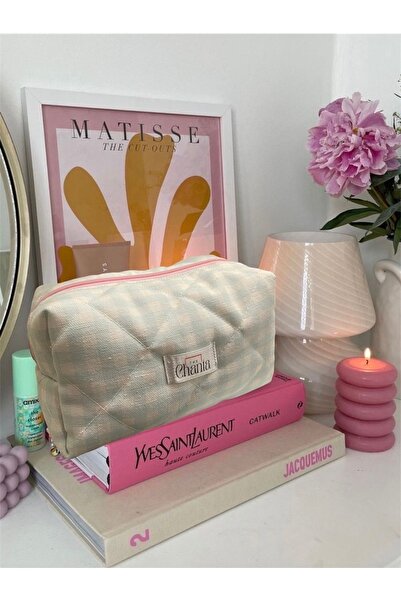 the chanta حقيبة مكياج من القماش القطني بالنعناع مقاس كبير