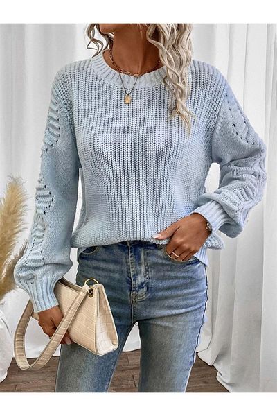 TRQOM Pulover de tricotaj Baby Blue - Tricotat Thessaloniki, decolteu, mânecă Motiv