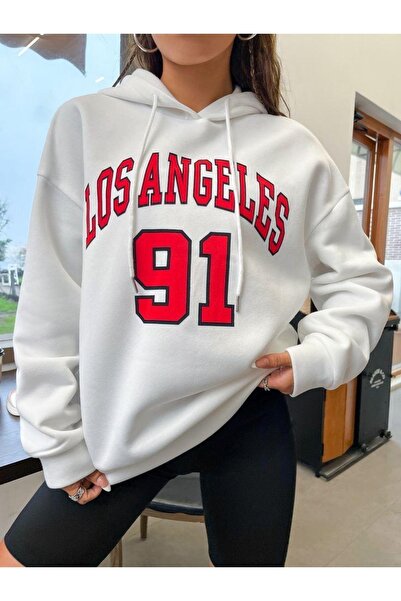 CAST COLLECTİON Γυναικείο λευκό φούτερ Losangeles 91 με στάμπα σε oversize γρ...