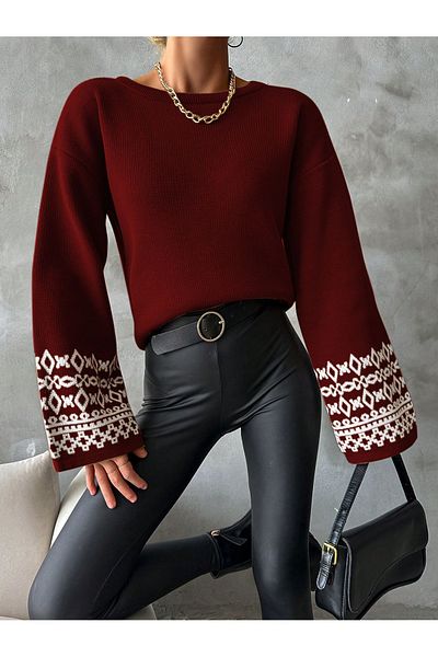 citystyle Pulover Tricotaj Roșu Claret - Decolteu Crew, Mânecă Lejeră, Model Jacquard Oversize