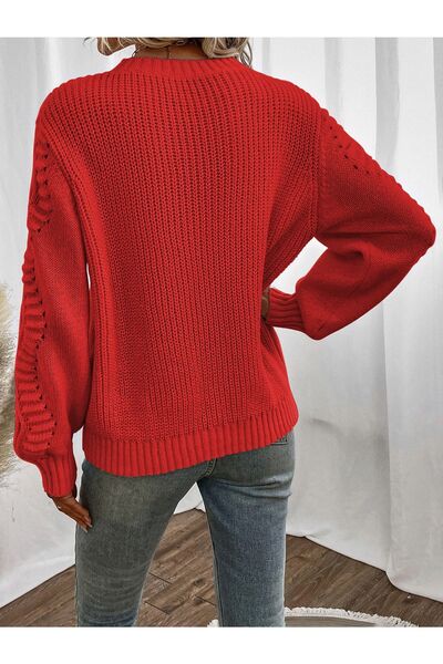 TRQOM Pulover tricotat roșu Selanik cu guler rotund - Motiv cu mâneci