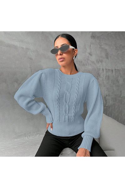 citystyle Pulover tricotat cu păr împletit cu gât crew albastru baby - mânecă prințesă