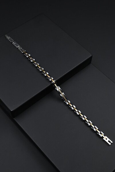 FRNCH 316L Çelik İtalyan Model Zirkon Taşlı Gümüş-Altın Renk Erkek Bileklik F...