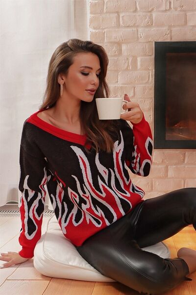 TRQOM Pulover cu decolteu în V cu model flacără