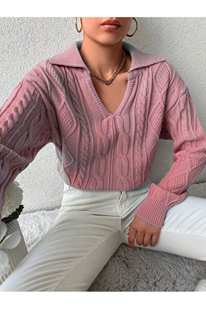 TRQOM Pulover de tricotaj PUDRA cu decolteu în V - Model tricotat