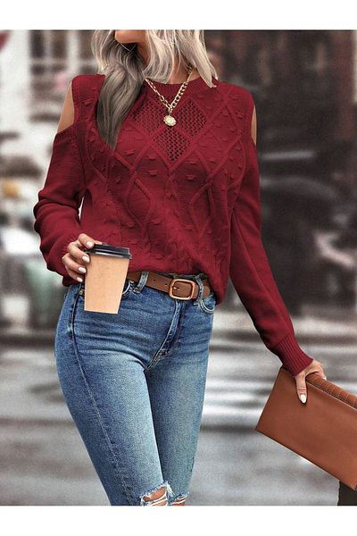citystyle Pulover de tricotaj roșu Claret - Gâtul turn, detaliu din plasă și detaliu de umăr cu model de tricotat