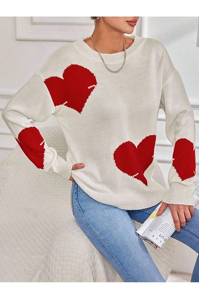 TRQOM Pulover de damă din tricotaje cu model de inimă albă - decolteu