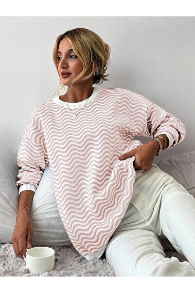 citystyle Bisiklet Yaka Dalga Desenli Triko Kazak PUDRA