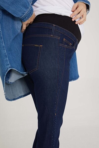 VAVIEN Hamile Jean Likralı Taş Detaylı Denim Pantolon Koyu Mavi 1024