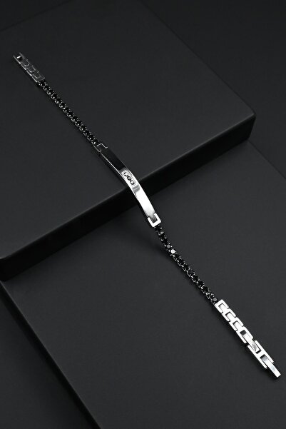 FRNCH 316L Çelik İtalyan Model Zirkon Taşlı Siyah Renk Erkek Bileklik FRJ1226...