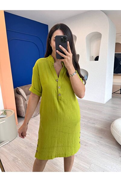 Green Linen Front and Side Buttoned Dress