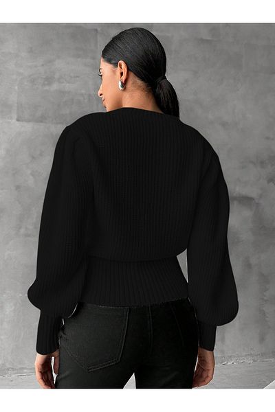 citystyle Pulover de damă din tricotaje negre cu păr împletit cu gât crew - mânecă prințesă
