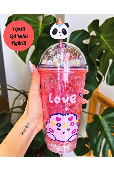 Lexi Bella 450 ml Double Layer Mica Pink Water Bottle with Led Light, Straw a...