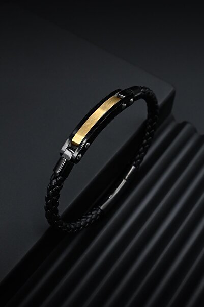 FRNCH 316L Çelik İtalyan Model Siyah-Altın Renk Deri Erkek Bileklik FRJ12264-...