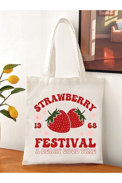 Cemira Strawberry Festival Designed Strawberry Pattern Raw Cloth Thin Tote Bag - Book Bag
