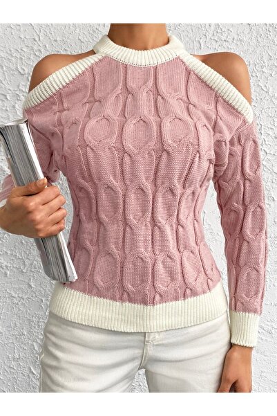 citystyle Bisiklet Yaka Yuvarlak Yaka Omuz Dekolteli Renk Detaylı Kısa Crop Saç Örgülü Rahat Kalıp Esnek Dokul