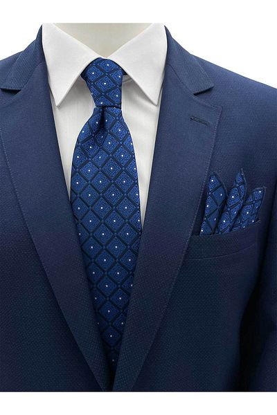 Brianze White Square Motif Patterned Blue Navy Blue Tie and Handkerchief Set