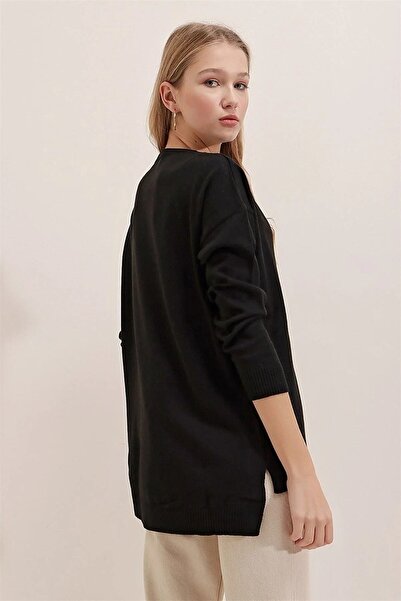 TRQOM Kadın Siyah V Yaka Mevsimlik Kazak