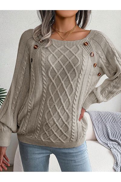 citystyle Pulover de damă din tricot cu decolteu barcă, cu model tricotat de păr și detaliu cu nasturi