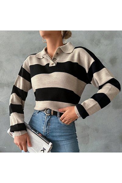 citystyle Pulover de damă cu dungi cu gât polo - negru/ nurcă
