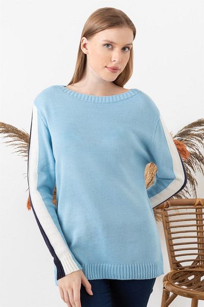 citystyle Pulover de damă Baby Blue - Detaliu cu gât și dungi
