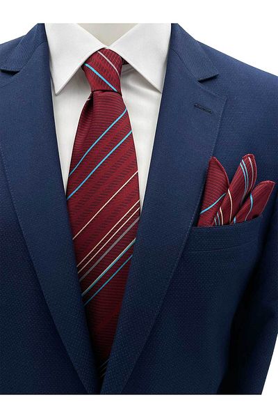 Brianze Beige and Burgundy Blue Gray Striped Tie Handkerchief Set