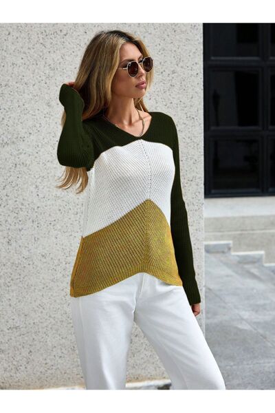 TRQOM Khaki and White Mustard Blocked Women's Knitwear Sweater - Long Sleeve