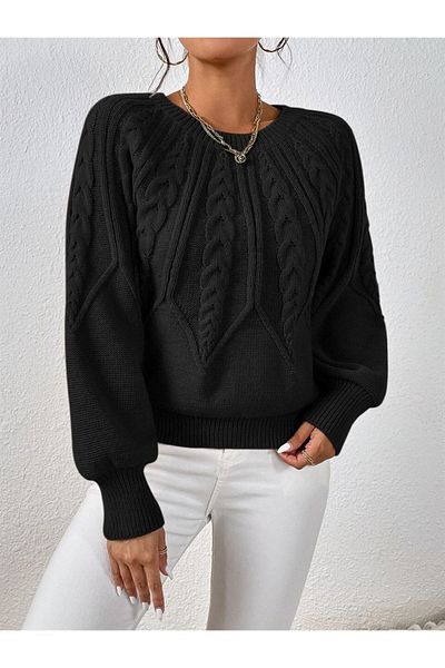 citystyle Pulover negru din tricotaje - păr împletit, decolteu, mânecă italiană