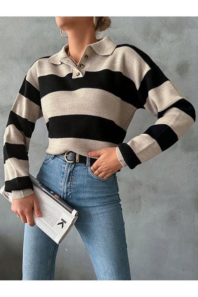 citystyle Pulover de damă cu dungi cu gât polo - negru/ nurcă